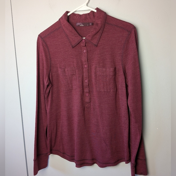 PRANA Women Long Sleeve Polo Shirt Size Large 5 Buttons Closure Dark Pink - Picture 2 of 11